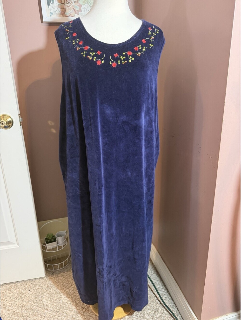 Vintage The Vermont Country Store Velour Sleeveless Maxi Dress Floral 3X Blue